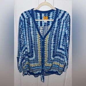 Ruby Rd. Boho Blue and Yellow Patterned Blouse knot Tie button down~1x